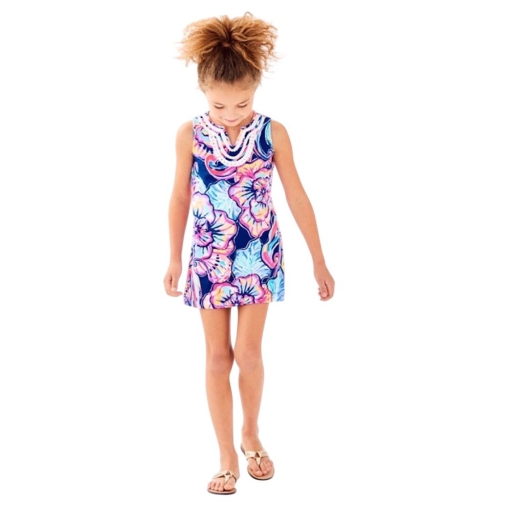 Lilly Pulitzer Girls Mini Harper Shift Dress Navy Blue Floral Pom Pom Trim S 4-5
